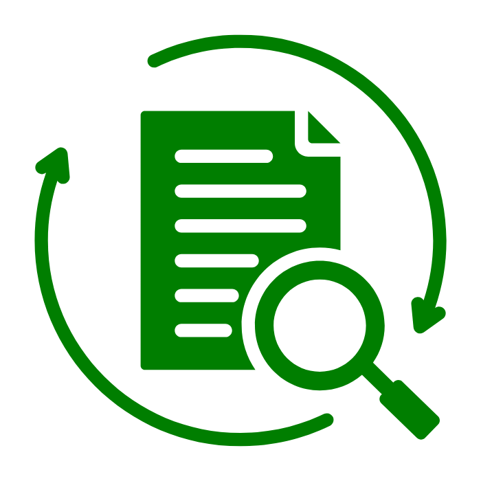 Green document with 2 arrows circling the document and a magnifying glass